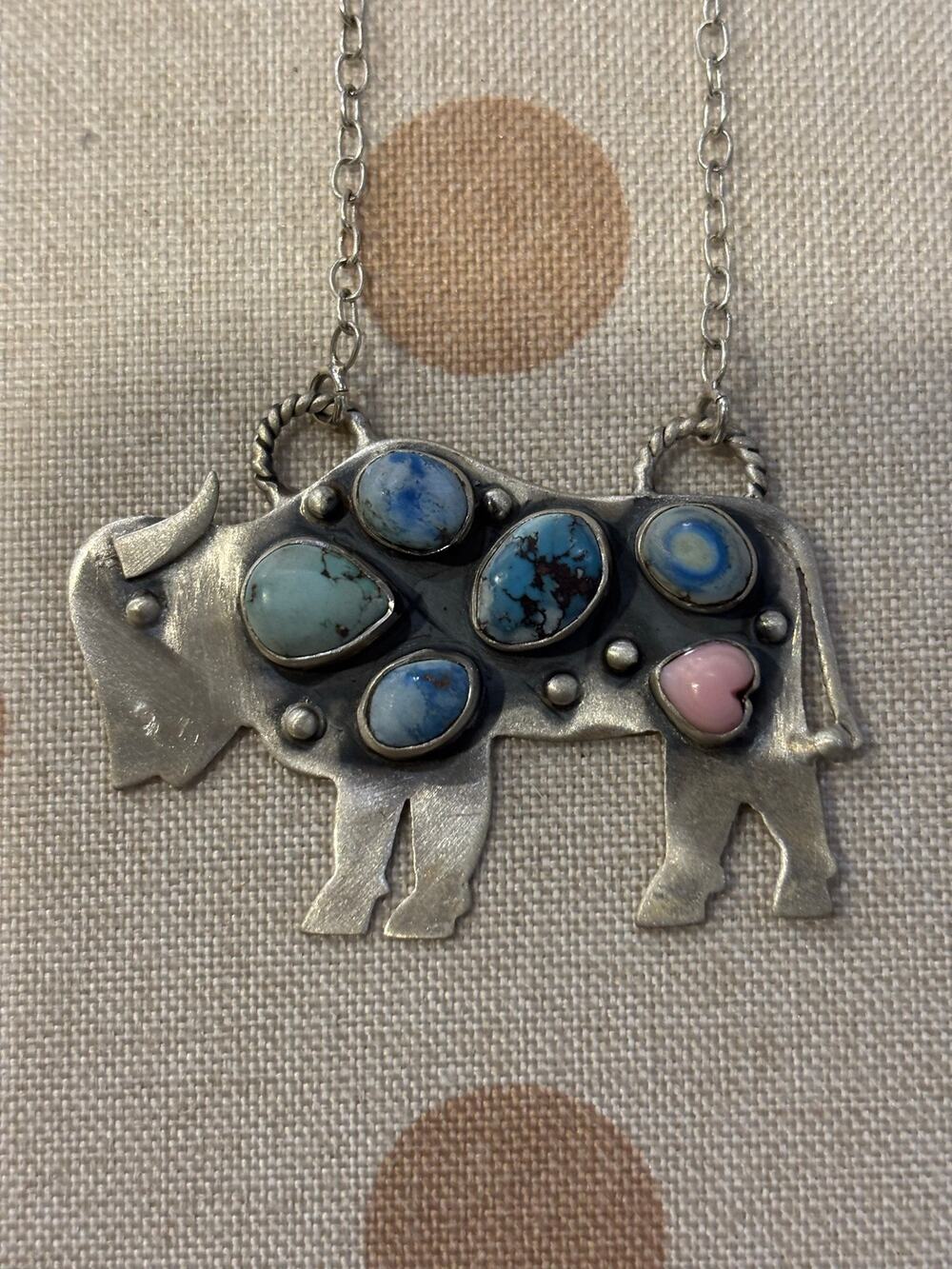 Turquoise Multi Stone Large Buffalo in Sterling Silver with 22" Chain